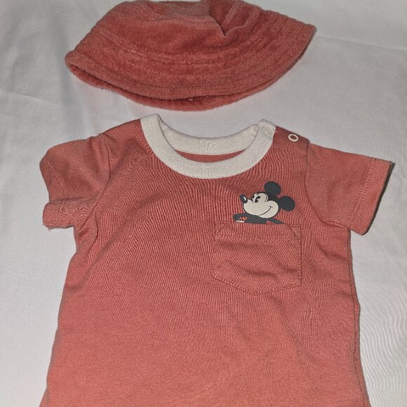 Mickey Mouse T Shirt/Matching Hat, Salmon color, Mickey on the pocket, Size 0-3M - Picture 1 of 6